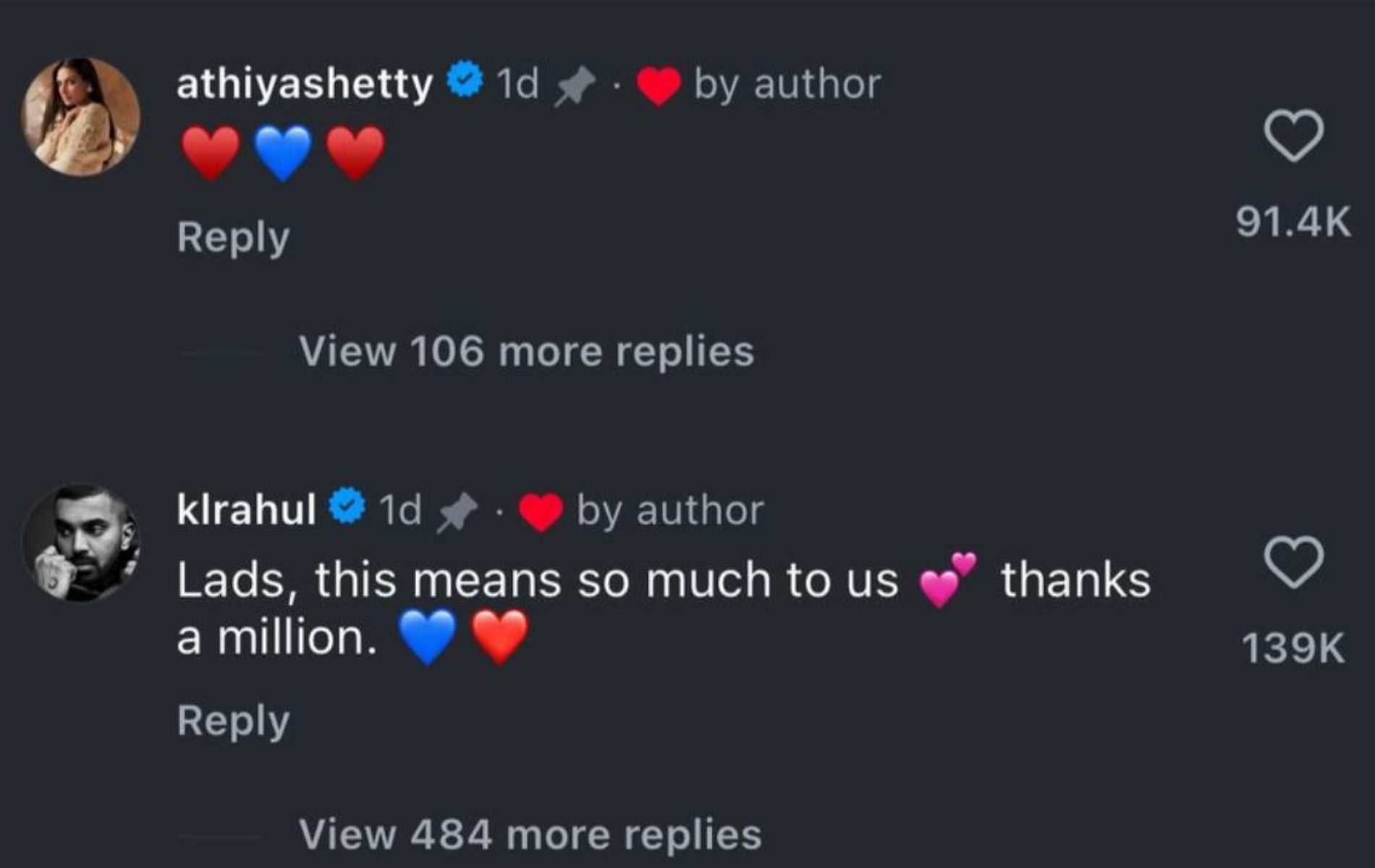 Screenshot of KL Rahul and Athiya Shetty's comments.
